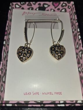 Betsey Johnson Gold Heart Drop Earrings with Amber Rhinestones Leopard Print
